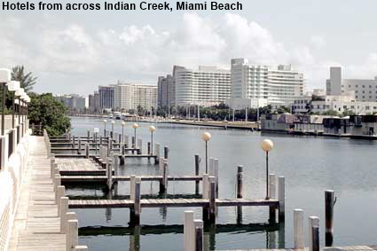 Eden Roc & Fountainbleu Hilton hotels from across Indian Creek, Miami Beach, FL, USA