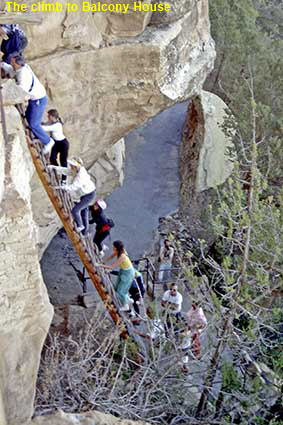  Visitors climbing entrance ladder, Balcony House, Mesa Verde, CO, USA