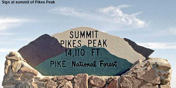 Sign at summit of Pikes Peak (14,110 feet), CO, USA