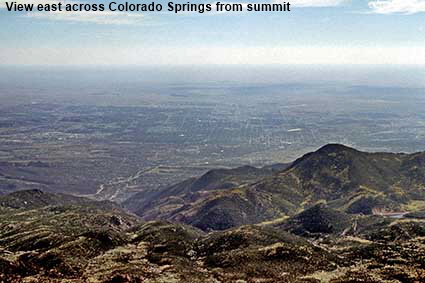 View east across Colorado Springs from summit of Pikes Peak, CO, USA