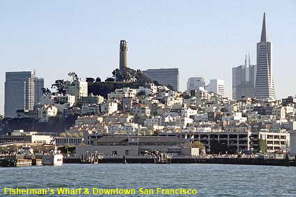 Coit Tower & Trans-America Pyramid, San Francisco from Alcatraz ferry, CA, USA