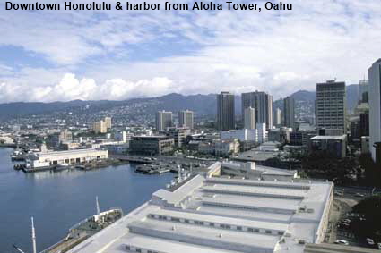 Downtown Honolulu & harbor from Aloha Tower, Oahu, HI, USA
