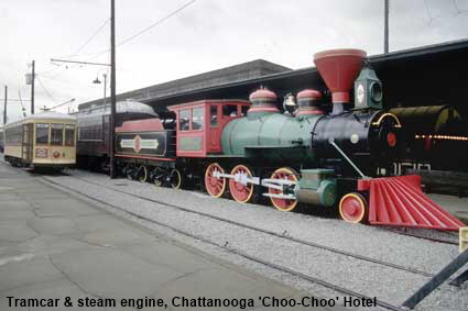 Tramcar & steam engine, Chattanooga 'Choo-Choo' Holiday Inn, TN, USA