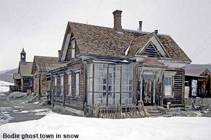  Snow round buildings, Bodie ghost town, CA, USA