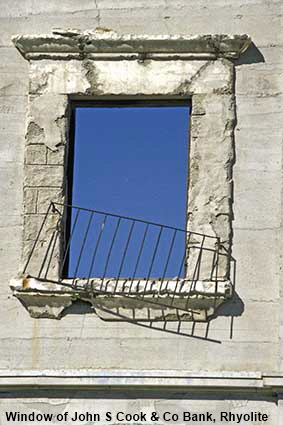Window of John S Cook & Co Bank, Rhyolite ghost town, NV, USA