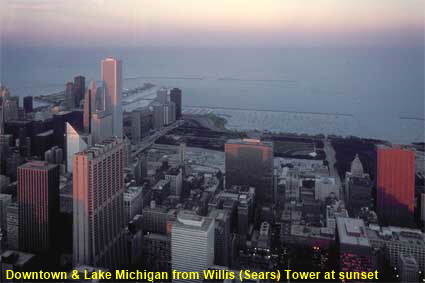 Downtown & Lake Michigan from Sears Tower at sunset, Chicago, IL, USA