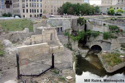 Mill ruins from Stone Arch Bridge, Minneapolis, MN, USA