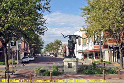 'El Capitan' (Texas Longhorn) statue & 2nd Street, Dodge City, KS, USA