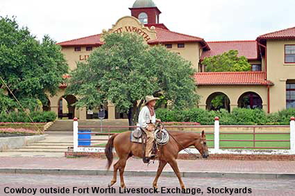 Cowboy on horseback outside Fort Worth Livestock Exchange, Stockyards, Fort Worth, TX, USA
