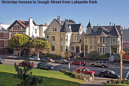  Victorian houses in Gough Street from Lafayette Park, San Francisco, CA, USA