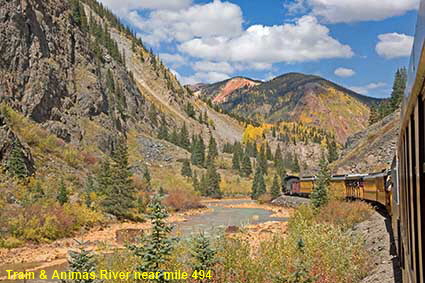 Train & Animas River near mile 494, Durango & Silverton Railroad, CO, USA Train & Animas River near mile 494, Durango & Silverton Railroad, CO, USA