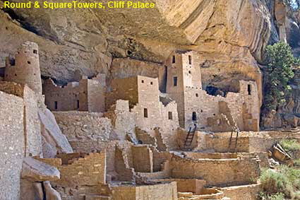  Round & SquareTowers, Cliff Palace from approach path, Mesa Verde National Park, CO, USA