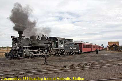  Locomotive 484 heading train at Antonito Station, Cumbres & Toltec Railroad, CO, USA